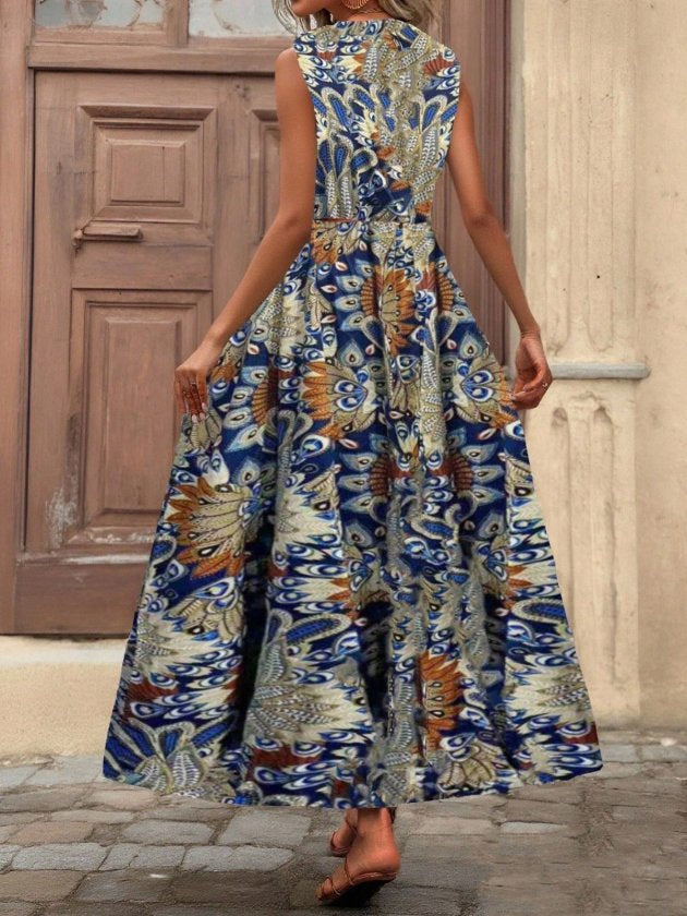 Women's Strappy Wrap Neck Long Patterned Beltless Supima Dress, 32797