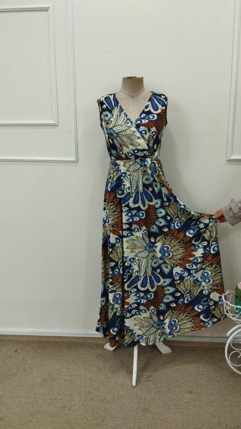 Women's Strappy Wrap Neck Long Patterned Beltless Supima Dress, 32797