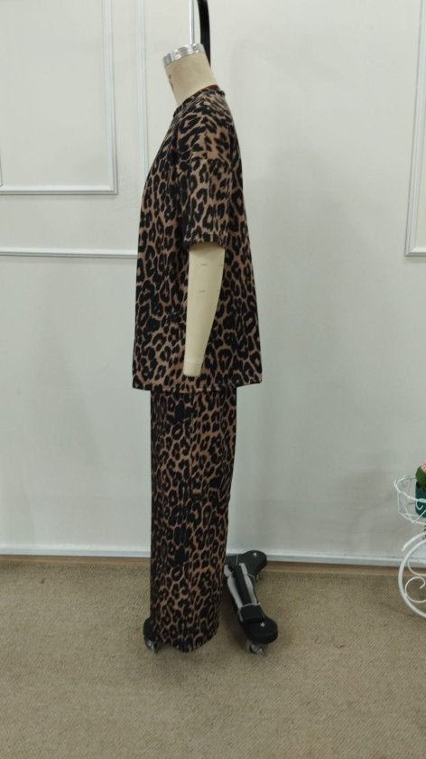 Kadın Kısa Kollu Bisiklet Yaka Iki Iplik Leopar Desenli Bluz Ve Pantolon Ikili Takım, 32798