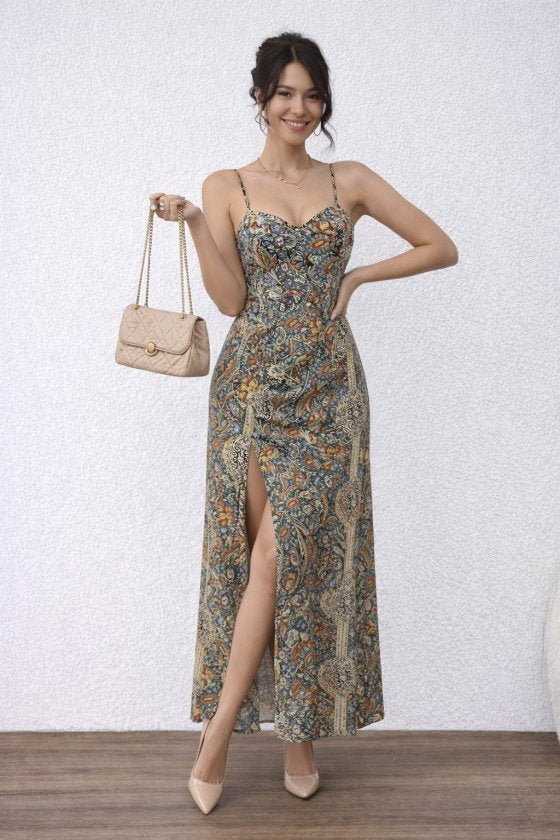 Women's Strappy Long Patterned Supreme Dress with Cross-Back Detail, 32845