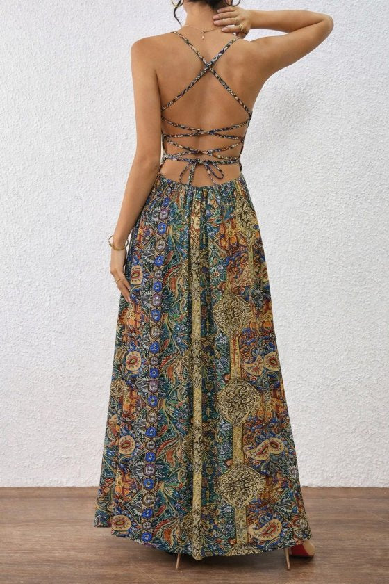 Women's Strappy Long Patterned Supreme Dress with Cross-Back Detail, 32845
