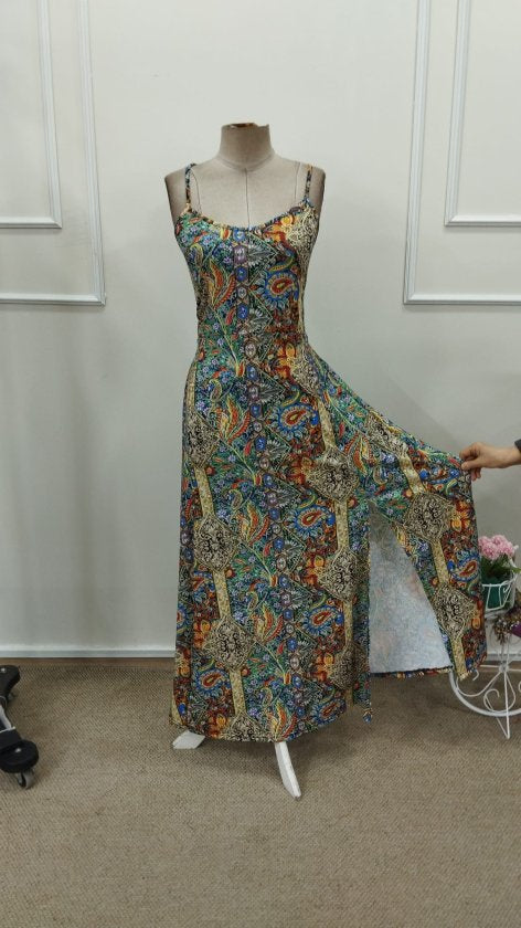 Women's Strappy Long Patterned Supreme Dress with Cross-Back Detail, 32845