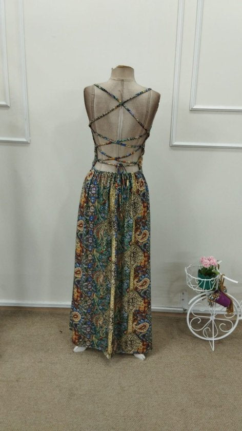 Women's Strappy Long Patterned Supreme Dress with Cross-Back Detail, 32845