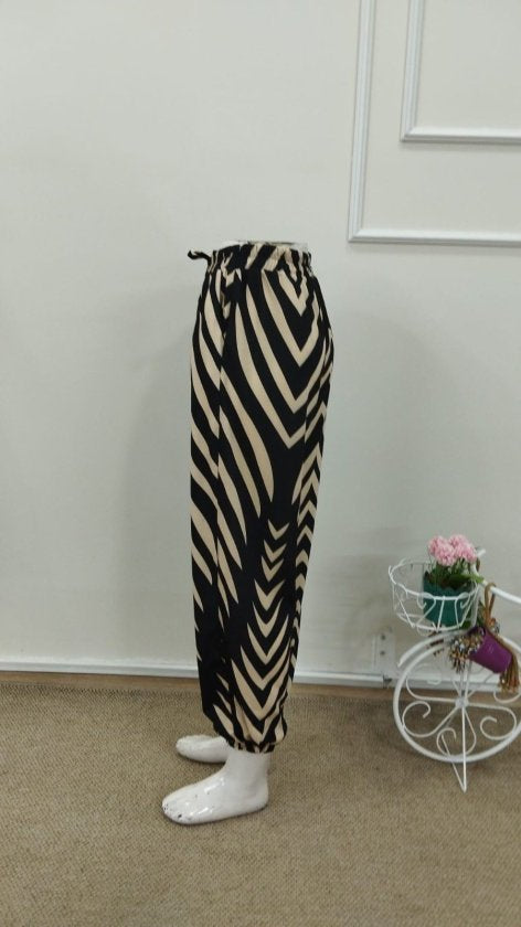 Women's High Waist Elasticated Waist Drawstring Patterned Supreme Trousers, 32867