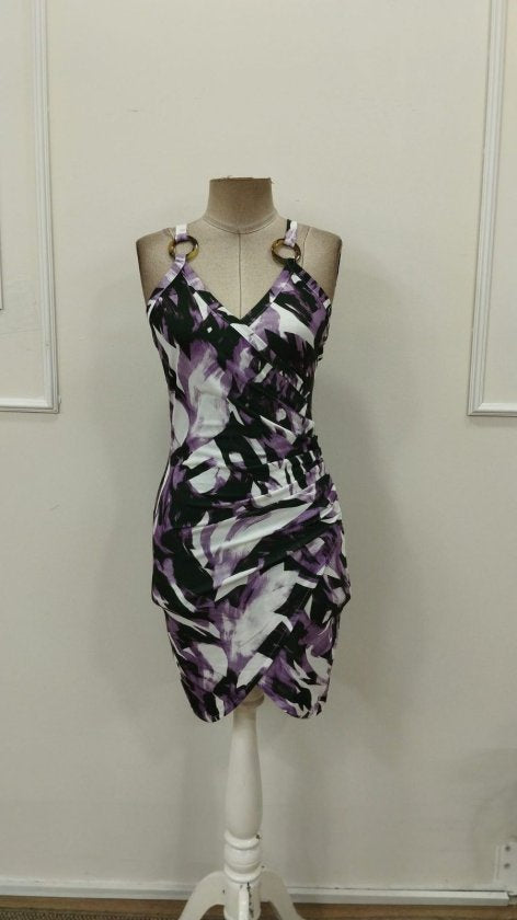 Women's Strappy Ring Detail Crossover Neck Patterned Supima Short Dress, 32889