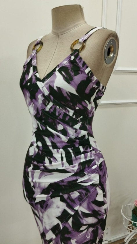 Women's Strappy Ring Detail Crossover Neck Patterned Supima Short Dress, 32889