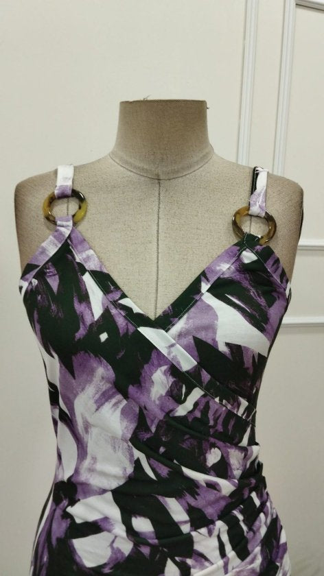 Women's Strappy Ring Detail Crossover Neck Patterned Supima Short Dress, 32889