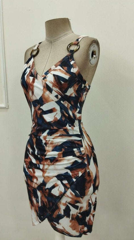 Women's Strappy Ring Detail Crossover Collar Patterned Supremin Mini Dress, 32890