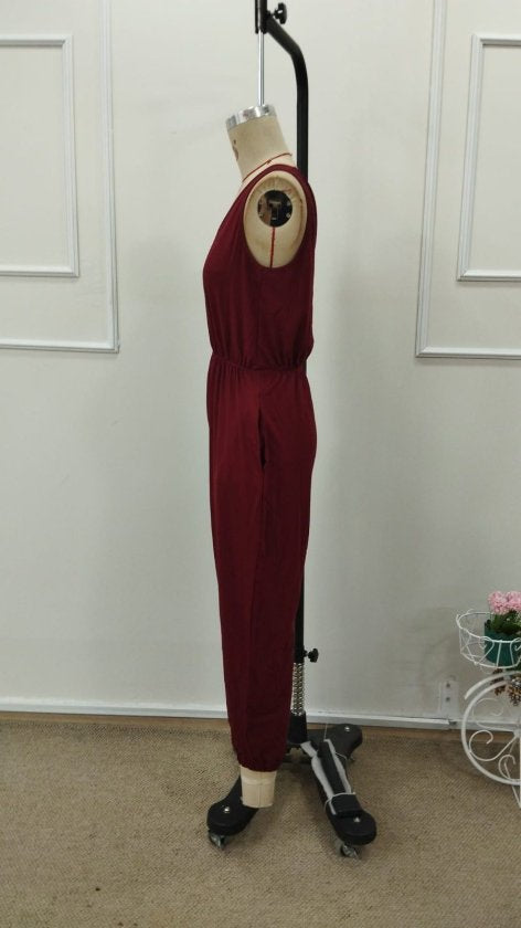 Women's Strappy Round Neck Pocketed Viscose Jumpsuit, 32897