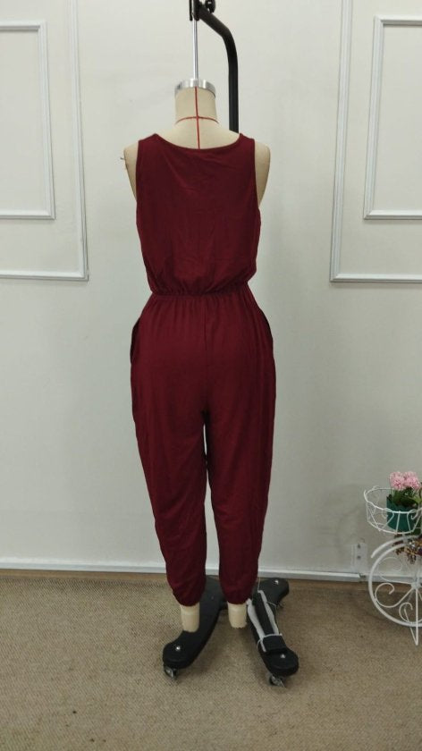 Women's Strappy Round Neck Pocketed Viscose Jumpsuit, 32897