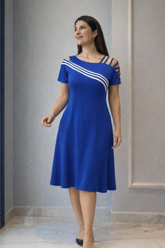 Women's Short Sleeve Off-Shoulder Midi Viscose Dress with Striped Detail, 32992