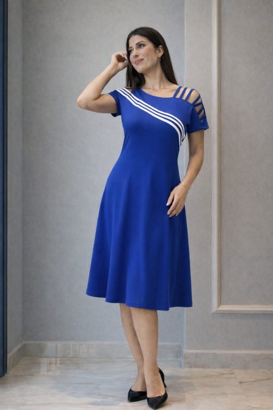 Women's Short Sleeve Off-Shoulder Midi Viscose Dress with Striped Detail, 32992