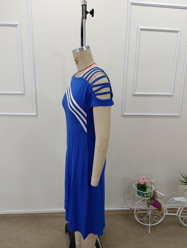 Women's Short Sleeve Off-Shoulder Midi Viscose Dress with Striped Detail, 32992