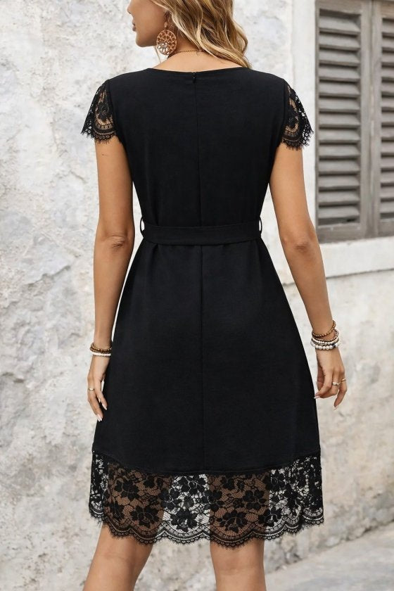 Women's Short Sleeve V-Neck Belted Lace Detail Short Aerobin Dress, 32995