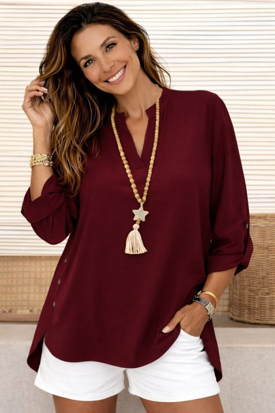 Women's Aerobin Blouse with Truvakar Sleeves, Mandarin Collar, and Side Button Detail, 33035