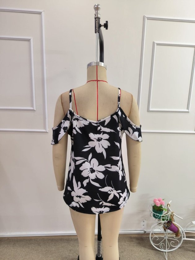 Women's Off-the-Shoulder Spaghetti Strap V-Neck Floral Patterned Supreme Blouse, 33050
