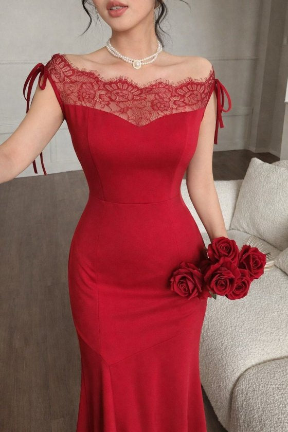 Women's Boat Neck Lace Detail Long Imported Crepe Dress, 33065