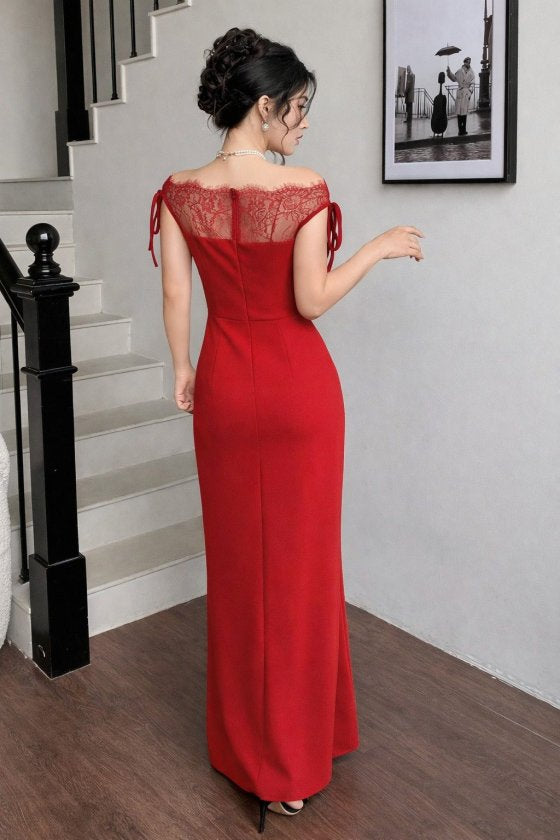 Women's Boat Neck Lace Detail Long Imported Crepe Dress, 33065