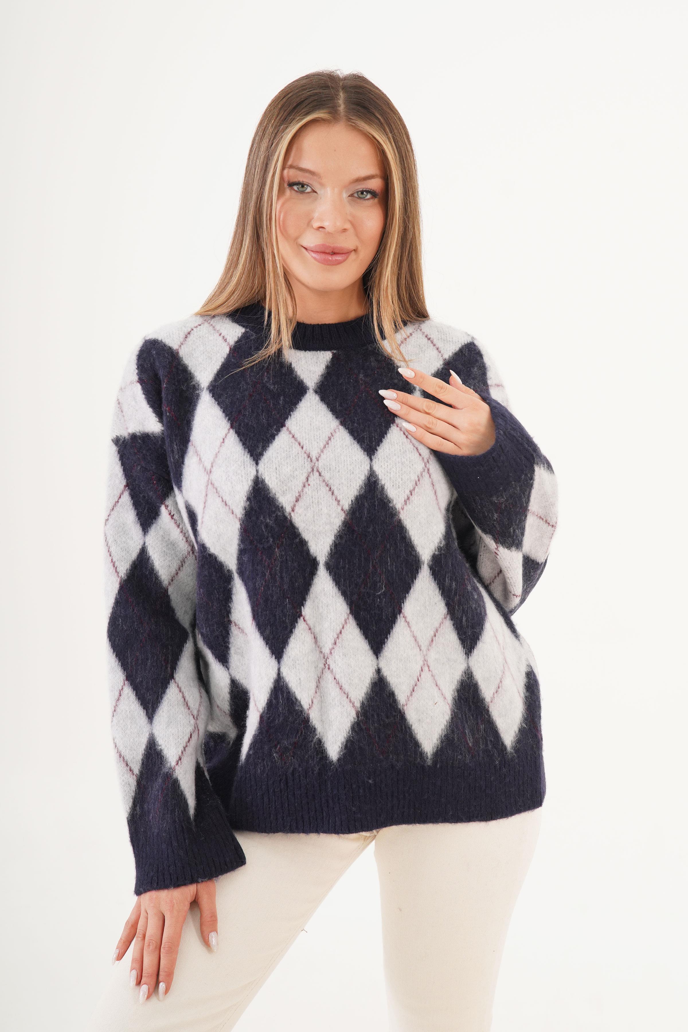 Baklava Desen Bisiklet Yaka Lacivert Toptan Triko Kazak Lacivert STD