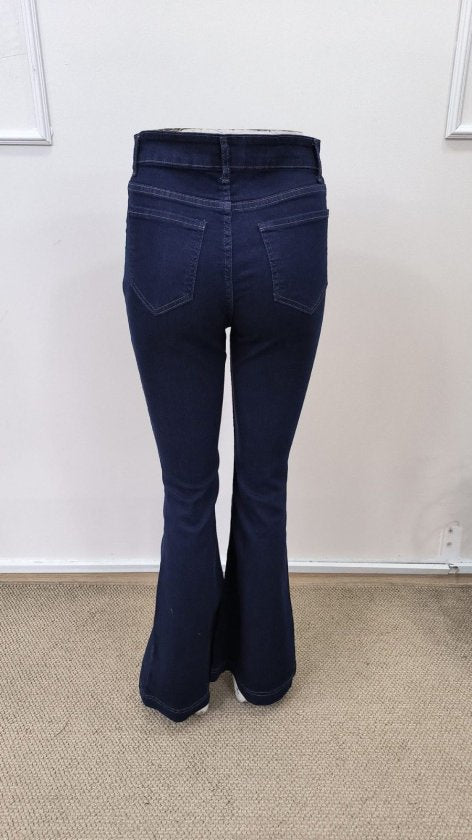 Women's High Waisted Wide Leg Denim Trousers with Button Detail, 33171