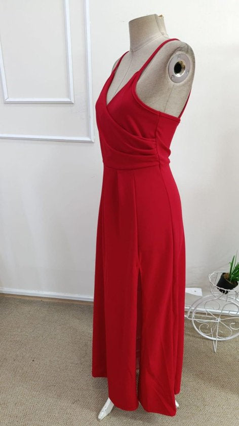 Women's Spaghetti Strap Crossover Neck Slit Long Imported Crepe Dress, 33222