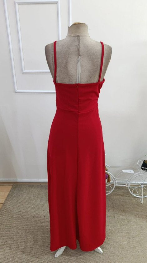 Women's Spaghetti Strap Crossover Neck Slit Long Imported Crepe Dress, 33222