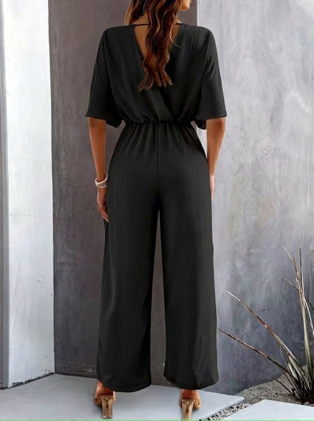 Women's Short Sleeve Wrap Neck Ruched Front Long Aerobin Jumpsuit, 33293