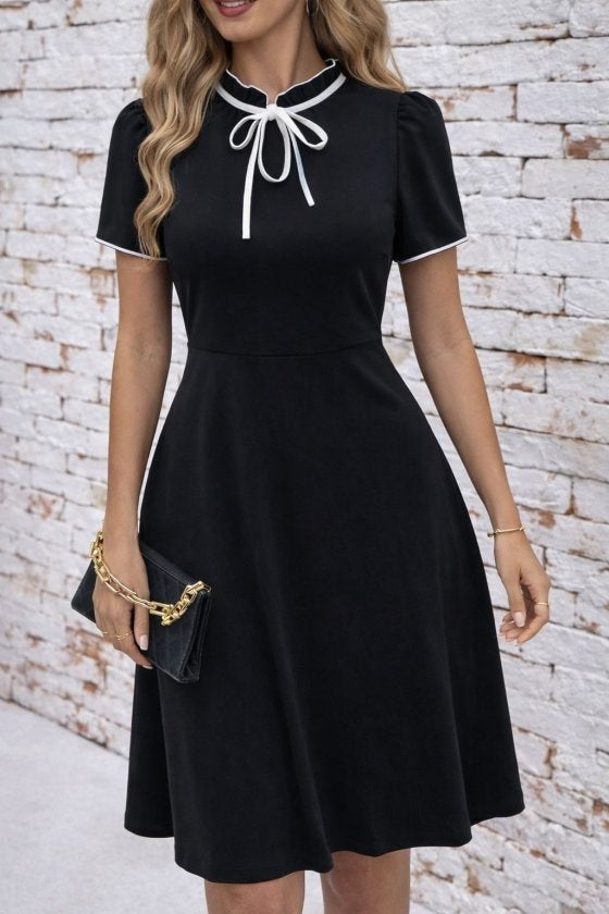 Women's Short Sleeve Tie-Neck Ruffled Midi Janjan Crepe Dress, 33314