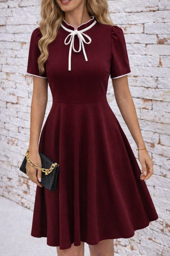 Women's Short Sleeve Tied Neck Ruffled Midi Janjan Crepe Dress, 33316