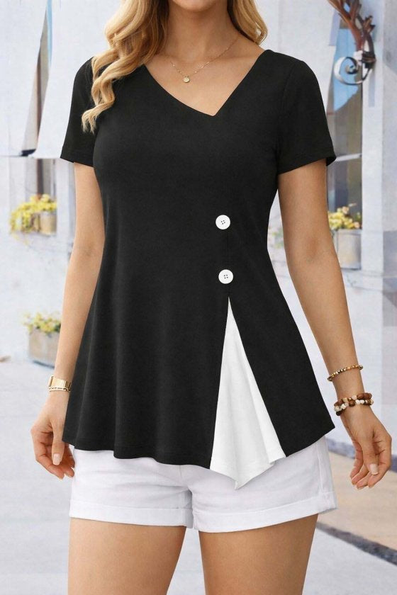 Women's Short-Sleeved Asymmetrical V-Neck Button Detail Viscose Blouse, 33343