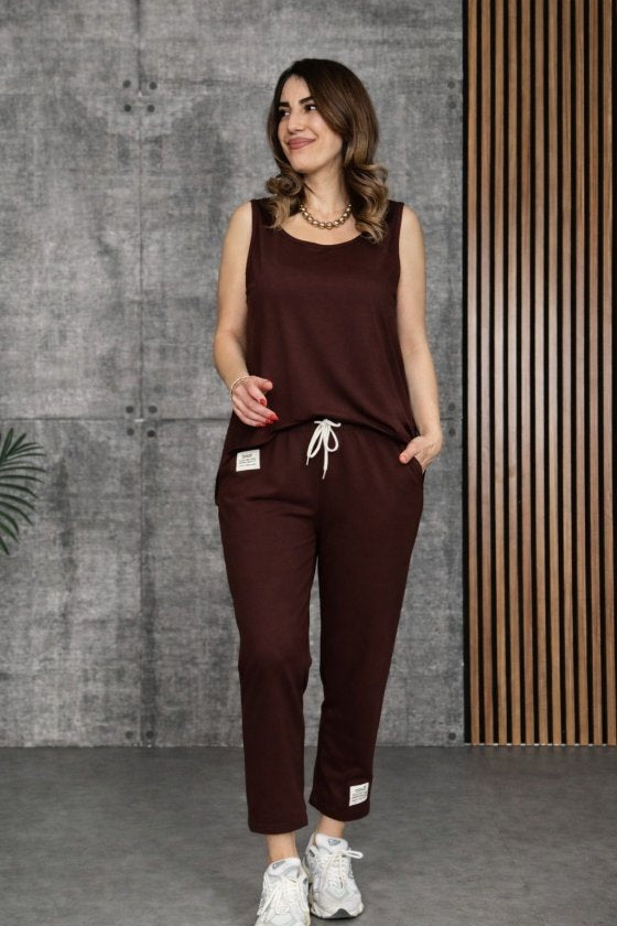 Women's Strappy Round Neck Viscose Two-Thread Blouse and Sweatpants Two-Piece Set, 33360