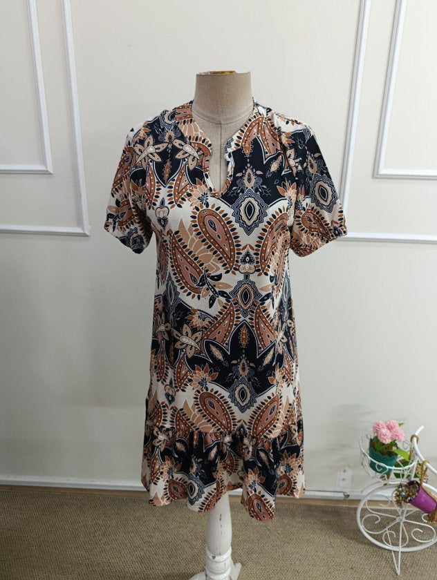 Women's Short Sleeve V-Neck Patterned Short Jersey Dress, 33473