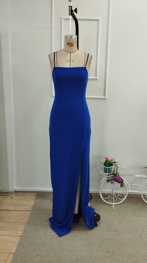 Women's Thin Strap Deep and Long Slit Shimmery Crepe Dress, 33523