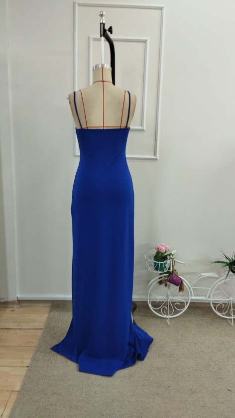 Women's Thin Strap Deep and Long Slit Shimmery Crepe Dress, 33523