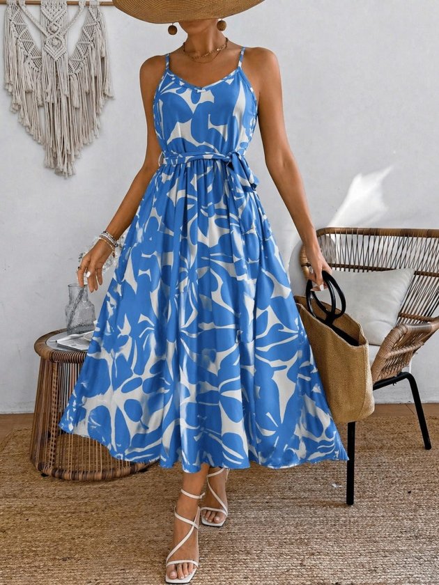 Women's Thin Strap V-Neck Belted Long Patterned Supra Dress, 33597