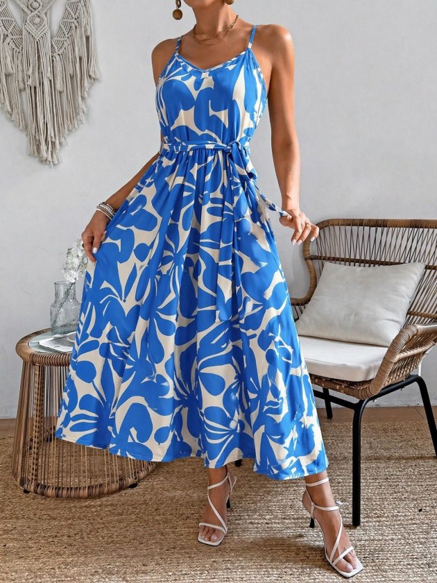 Women's Thin Strap V-Neck Belted Long Patterned Supra Dress, 33597