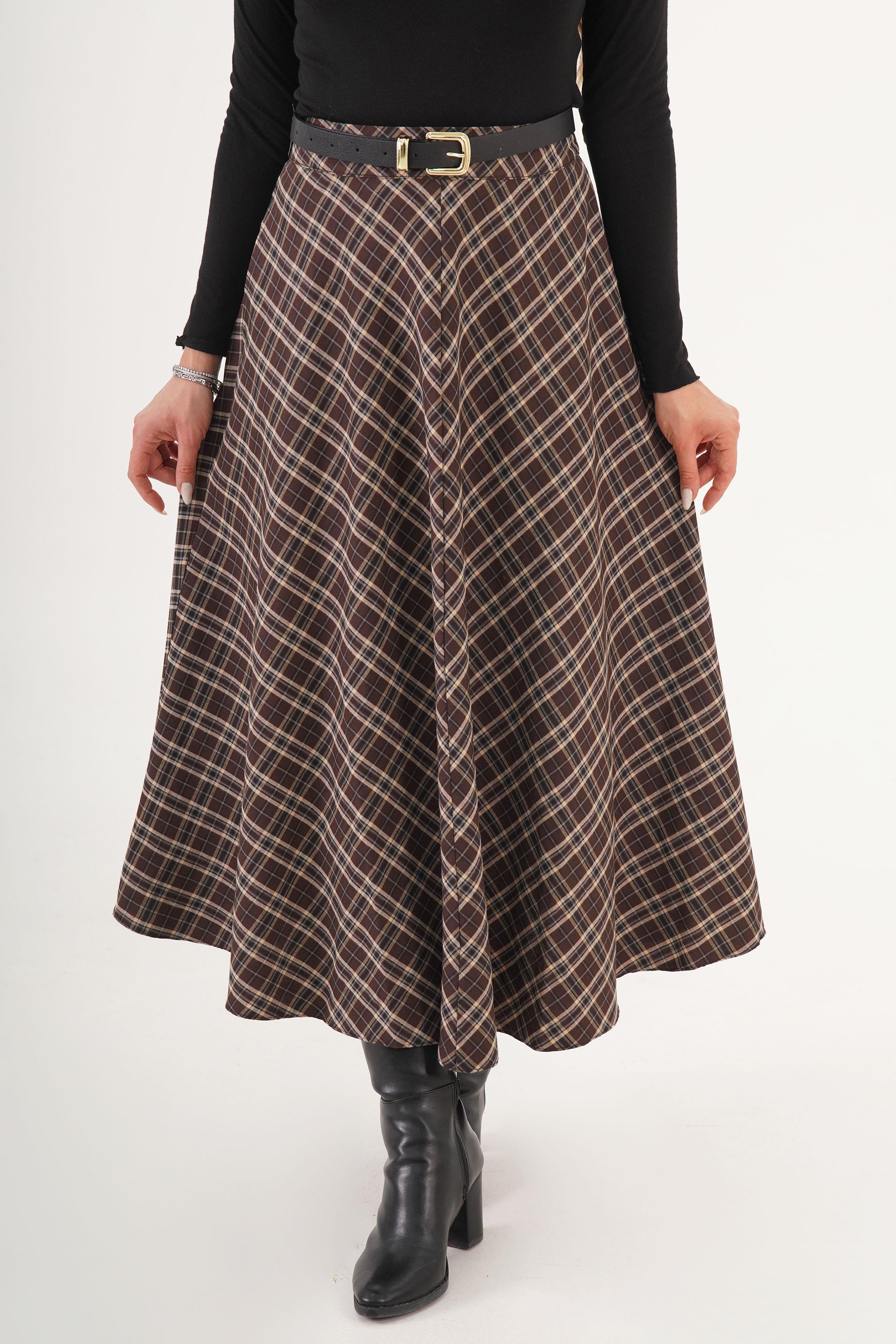 Volan Kesim Kahve Ekose Uzun Toptan Etek Kırmızı S