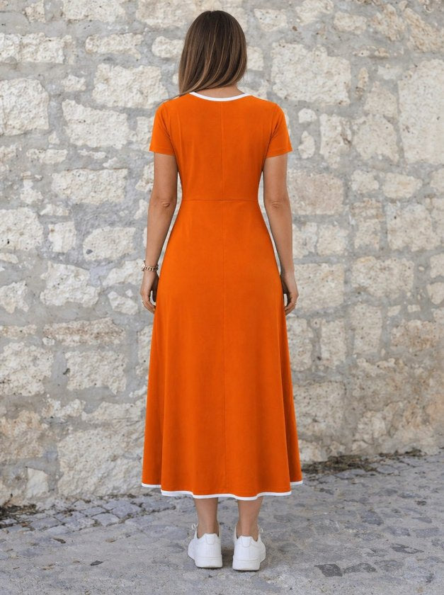 Women's Short Sleeve Round Neck Colored Collar Pleated Midi Viscose Dress, 33853