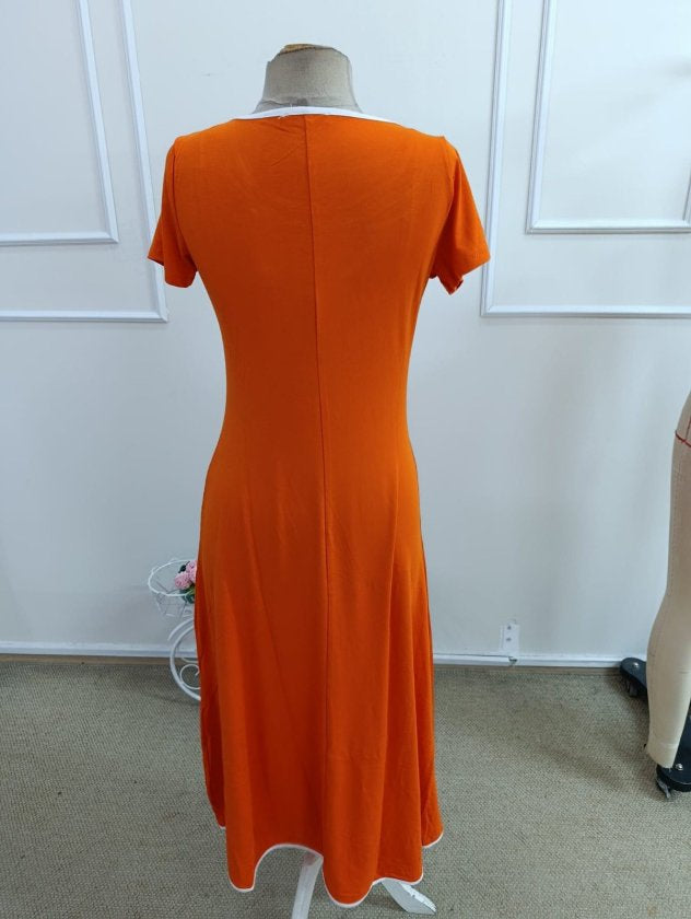 Women's Short Sleeve Round Neck Colored Collar Pleated Midi Viscose Dress, 33853