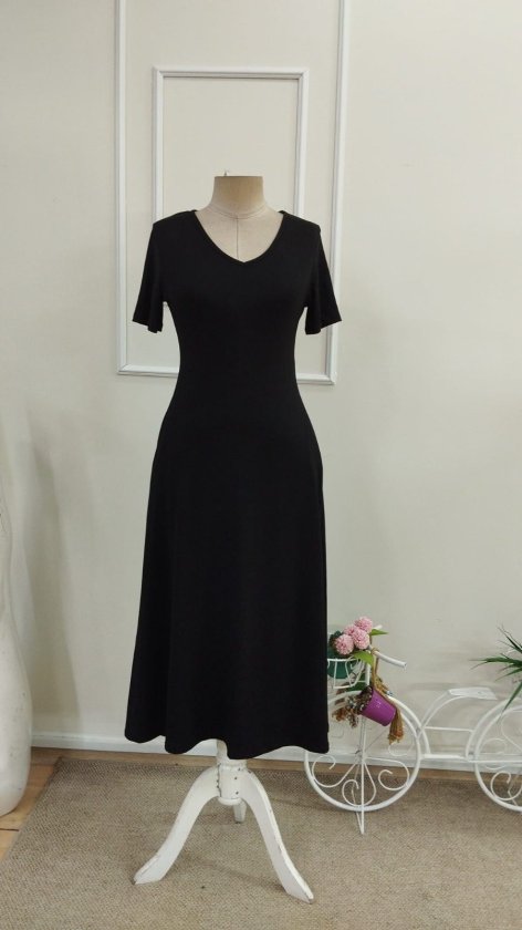 Women's Short Sleeve V-Neck Pocketed Midi Viscose Dress, 33884