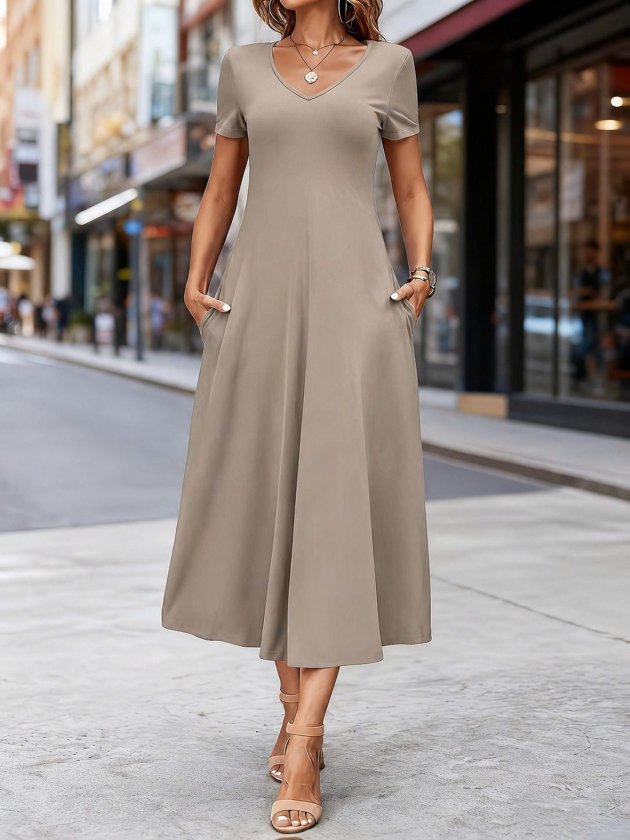 Women's Short Sleeve V-Neck Pocketed Midi Viscose Dress, 33886