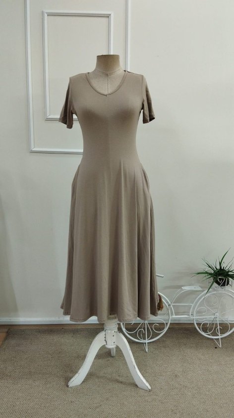 Women's Short Sleeve V-Neck Pocketed Midi Viscose Dress, 33886