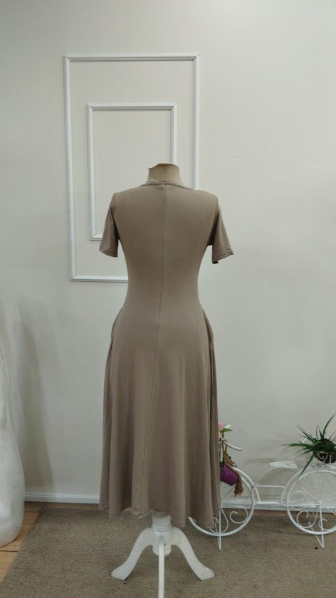 Women's Short Sleeve V-Neck Pocketed Midi Viscose Dress, 33886