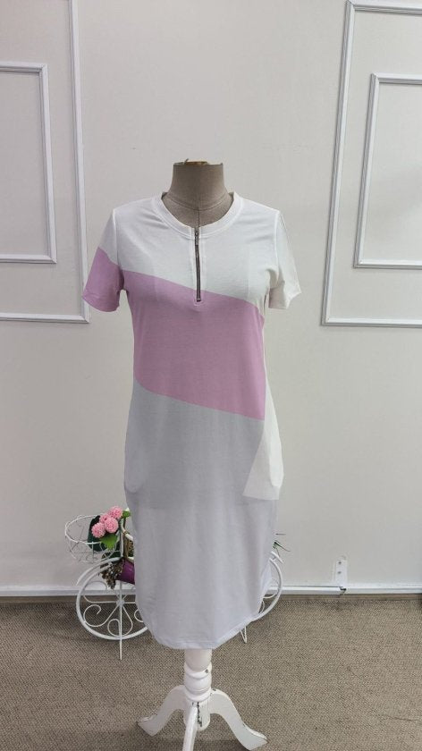 Women's Short Sleeve Collared Zippered Patterned Short Supreme Dress, 33889