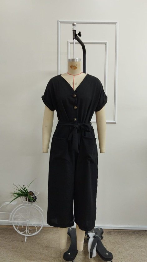 Women's Short Sleeve V-Neck Button-Front Belted Jumpsuit with Pocket Detail, 33924