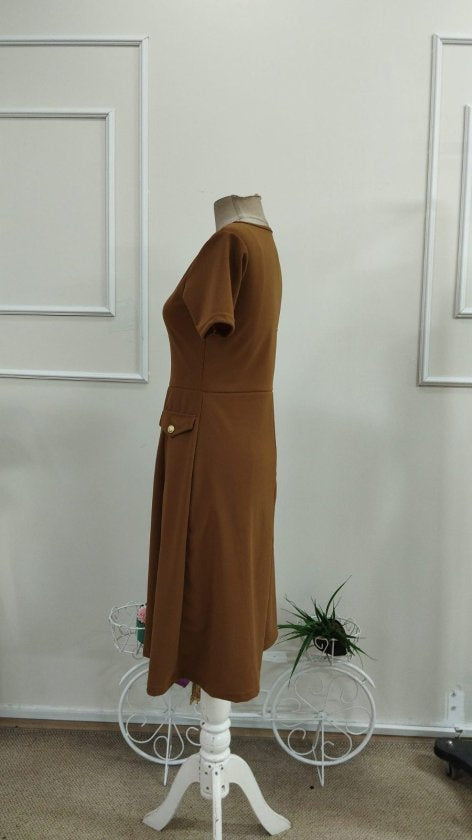 Women's Short Sleeve Crew Neck Midi Crepe Dress with Pocket Details, 33947