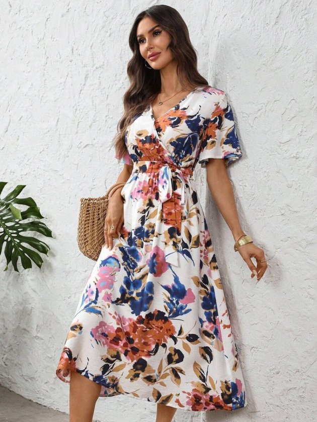 Women's Short Sleeve Wrap Neck Side Tie Patterned Supima Midi Dress, 33967
