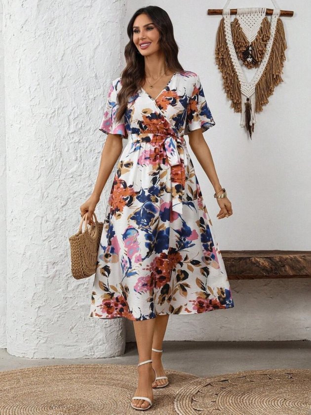 Women's Short Sleeve Wrap Neck Side Tie Patterned Supima Midi Dress, 33967