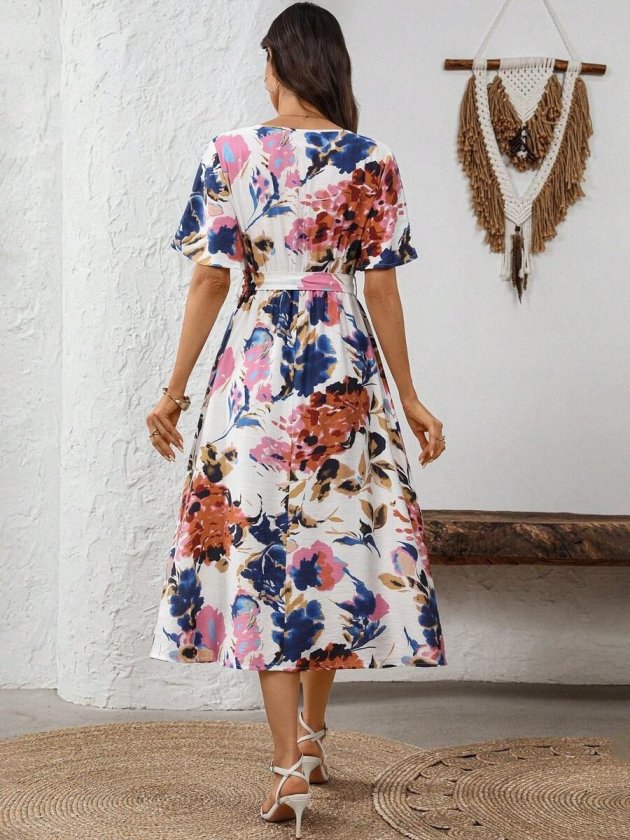 Women's Short Sleeve Wrap Neck Side Tie Patterned Supima Midi Dress, 33967