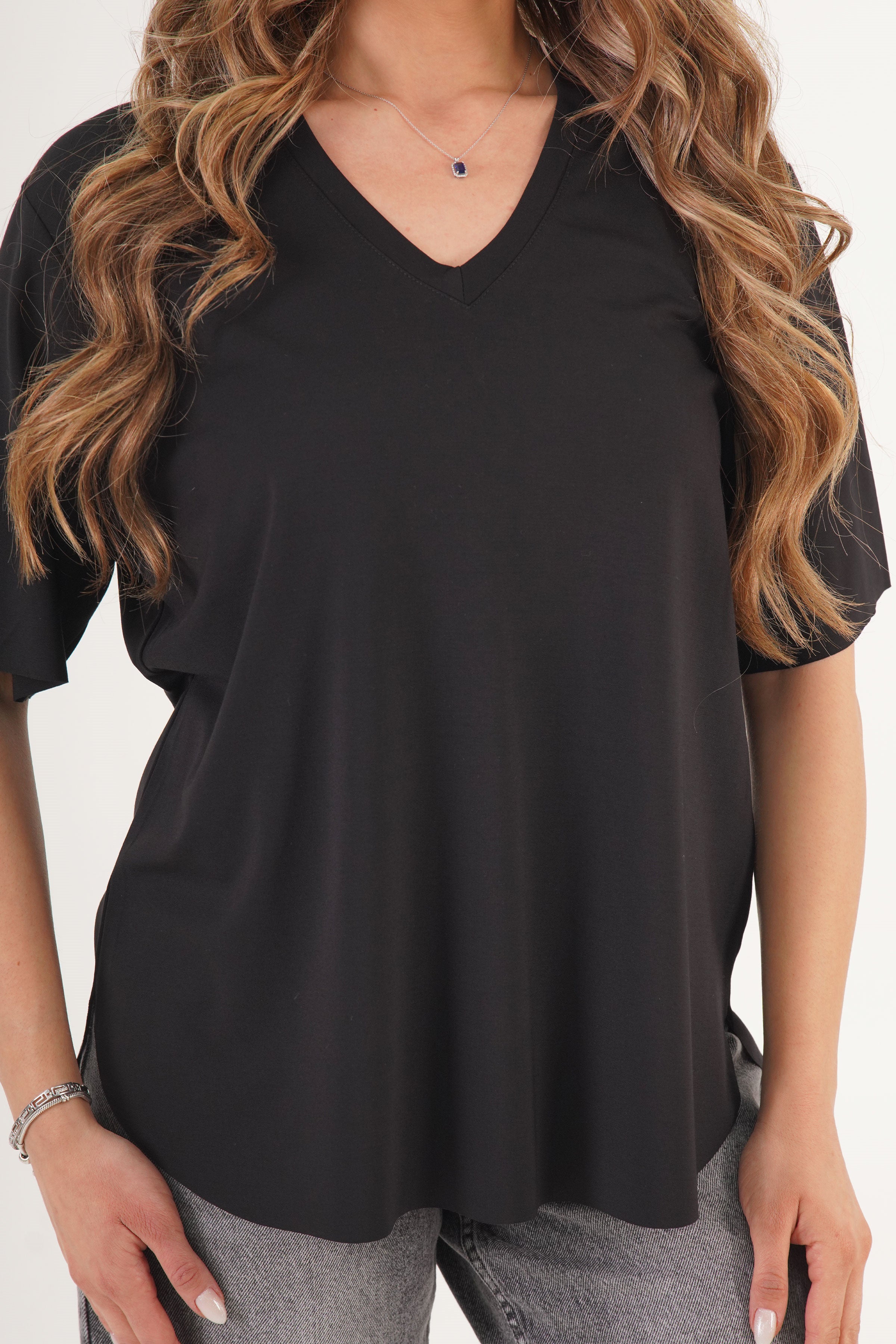 Dikişsiz V Yaka Basic Toptan Siyah Tişört